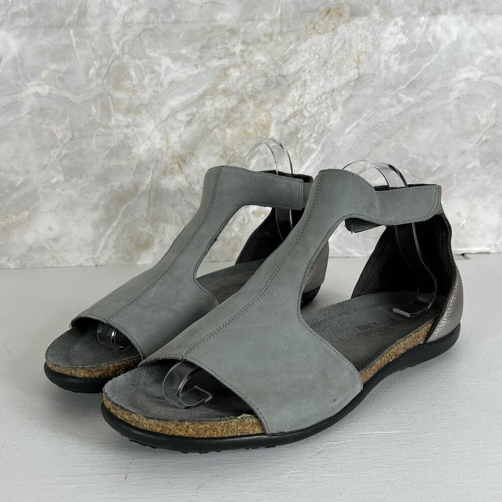 Naot Gray T-Strap Leather Sandals US 10 EU 41 Straps & Cork Footbed